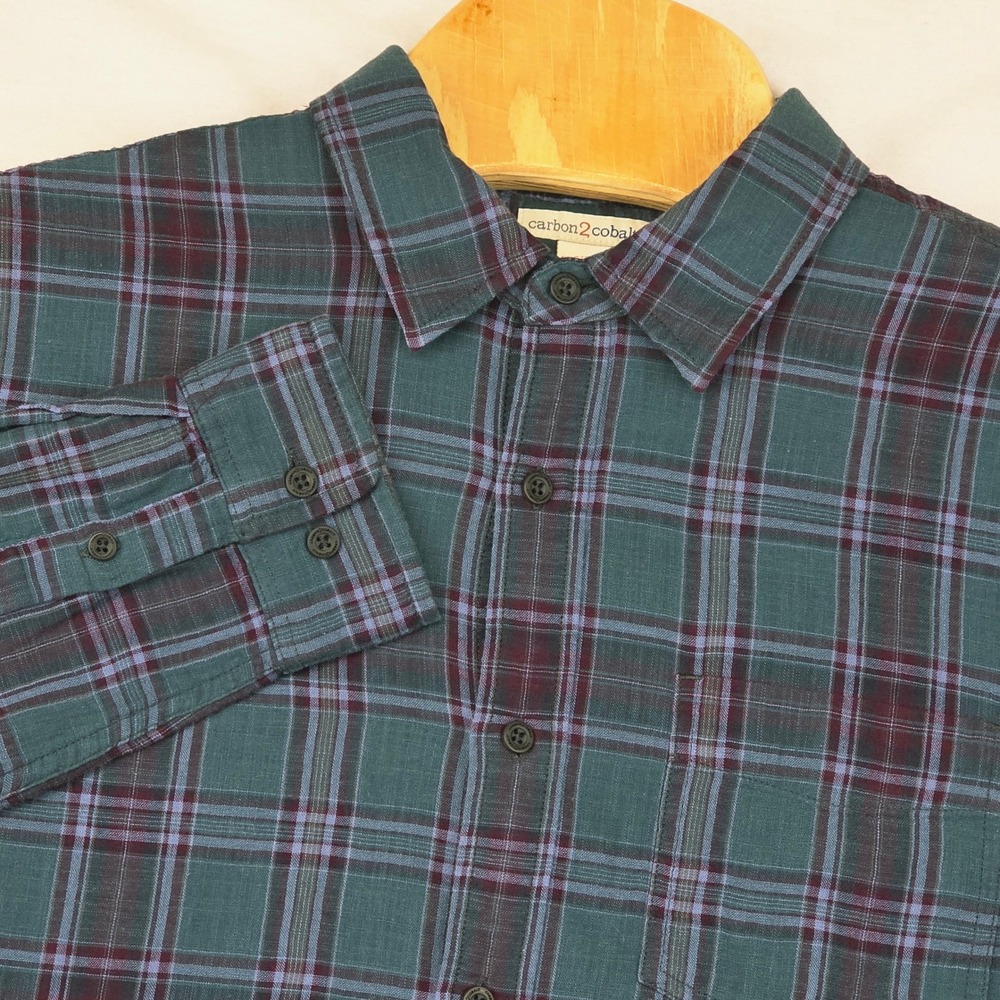 Carbon2Cobalt Button Down Shirt Mens M Teal Burgundy Plaid Double Cloth Cotton